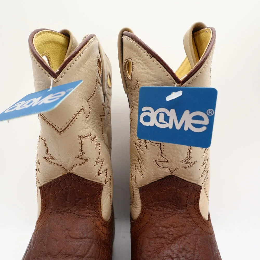 Acme Vintage Cowboy Boots Boys 2 Brown Cream Bullhide Roper NWT Deadstock